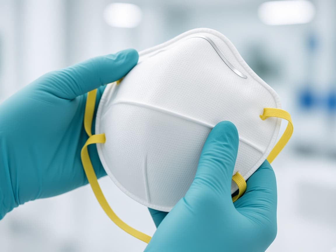 Gloved hands holding a respirator mask